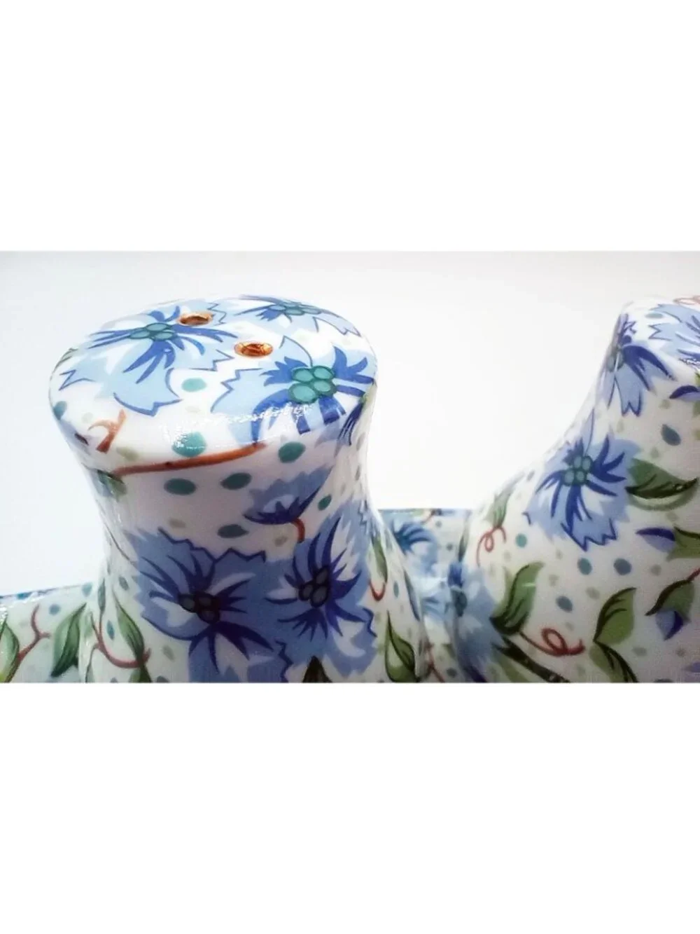 Ainsley Two's Company Salt Pepper Shakers Tray Blue Floral Ceramic Set